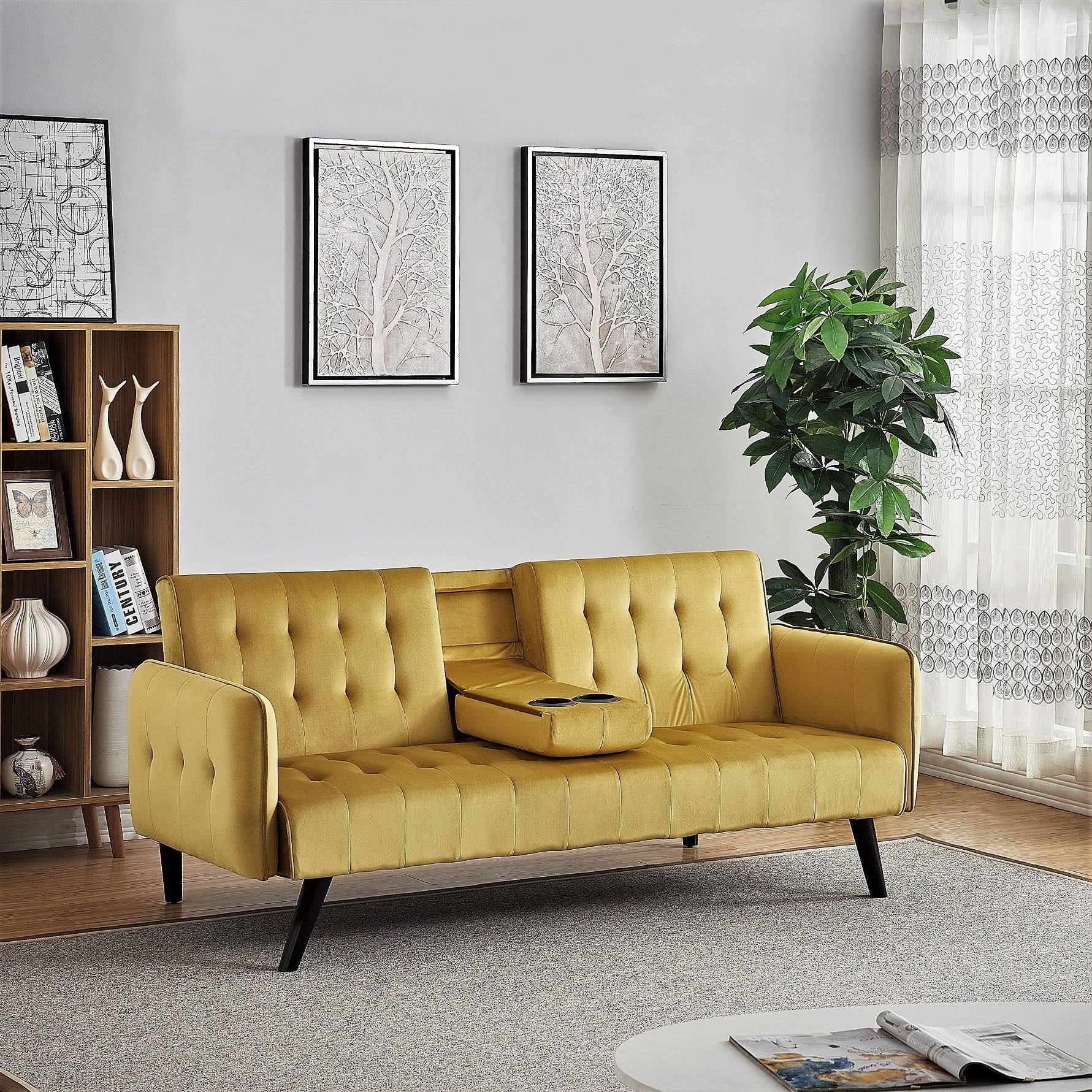 US Pride Tufted Convertible Velvet Sofa Bed with Cup Holder - Yellow