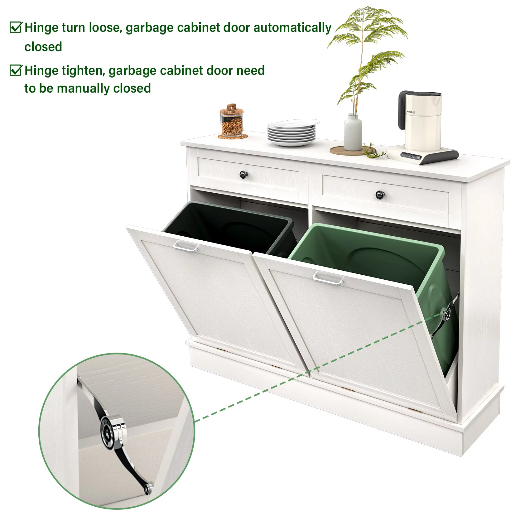 TC-HOMENY Dual Tilt Out Trash Cabinet, Trash Can with Countertop and Drawer, Free Standing Trash Can Cabinets with Lid Support Hinge, Recycling Cabinet Free Standing For Kitchen, Laundry Room, White