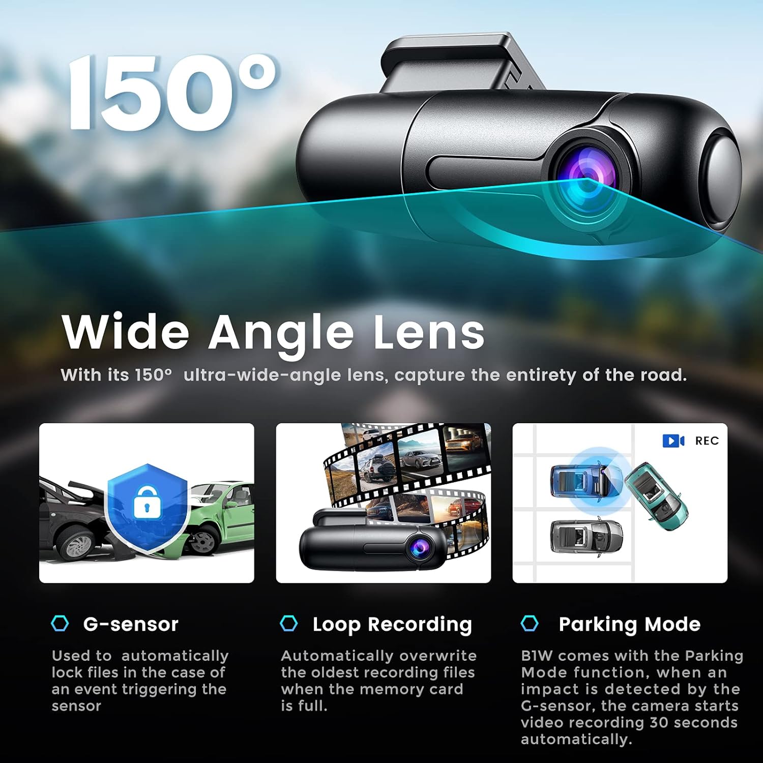 WiFi Small Dash Cam Full HD 1080p Car Camera 150° Wide Angle with Super Capacitor Vehicle Driving Video Recorder 360° Rotatable Lens G-Sensor Loop Recording Parking Mode Blueskysea B1W Pack of 2