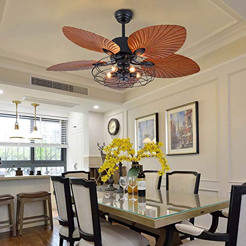 TOWOHIPPKI 52'' Tropical Ceiling Fans with 5 Palm Leaf Blades, 52 Inch Palm Leaf Fanlight with with Light and Remote, Hand-Carved Reversible Blades Chandelier Fan For Living Room Bedroom