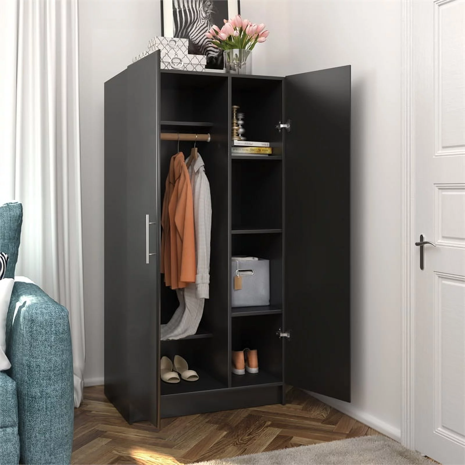 Prepac Elite 32" Storage Cabinet Armoire, Black Storage Cabinet, Linen Cabinet, Wardrobe Cabinet with Hanging Rail and Shelves 21" D x 32" W x 65" H, BESW-3264-K