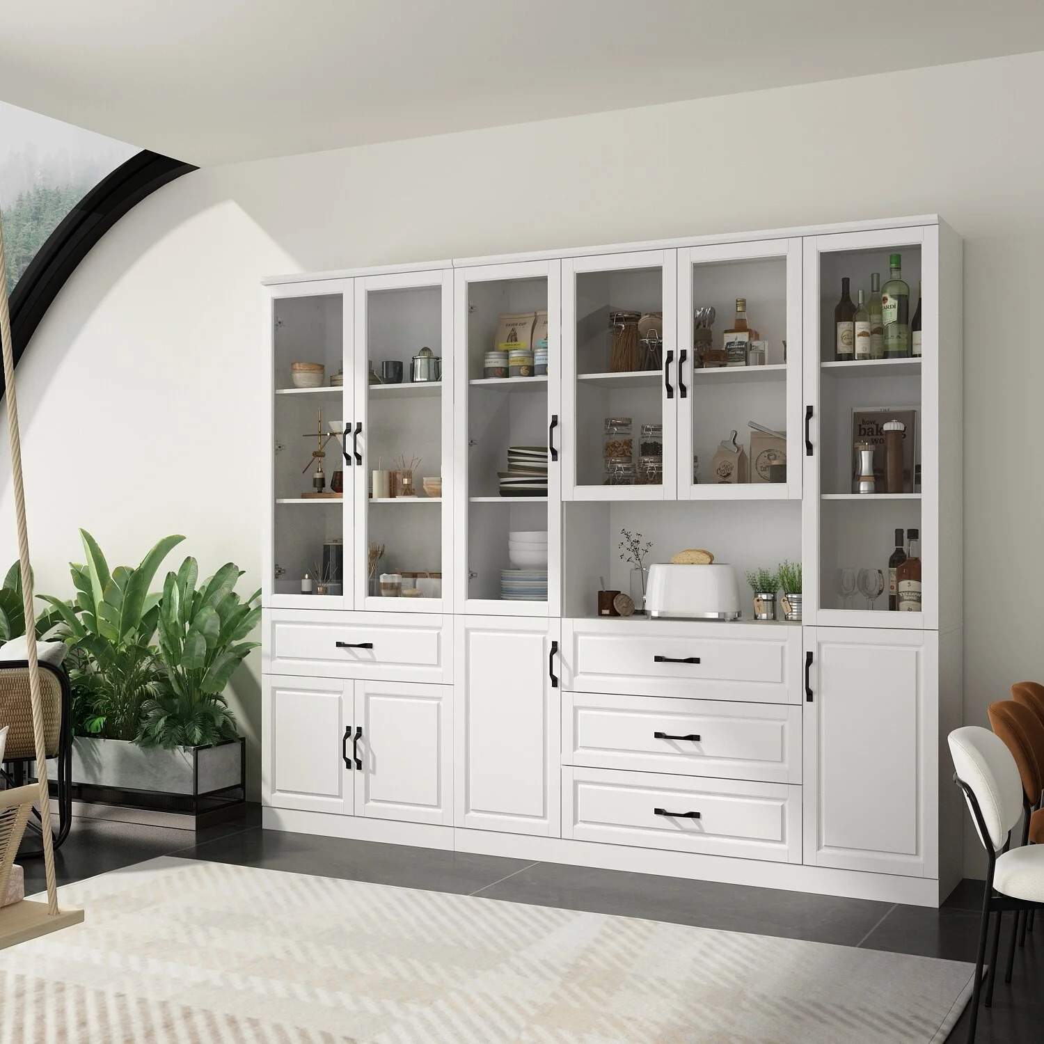 Large White Buffet Elegant China Cabinet with Tempered Glass Doors 94.5"