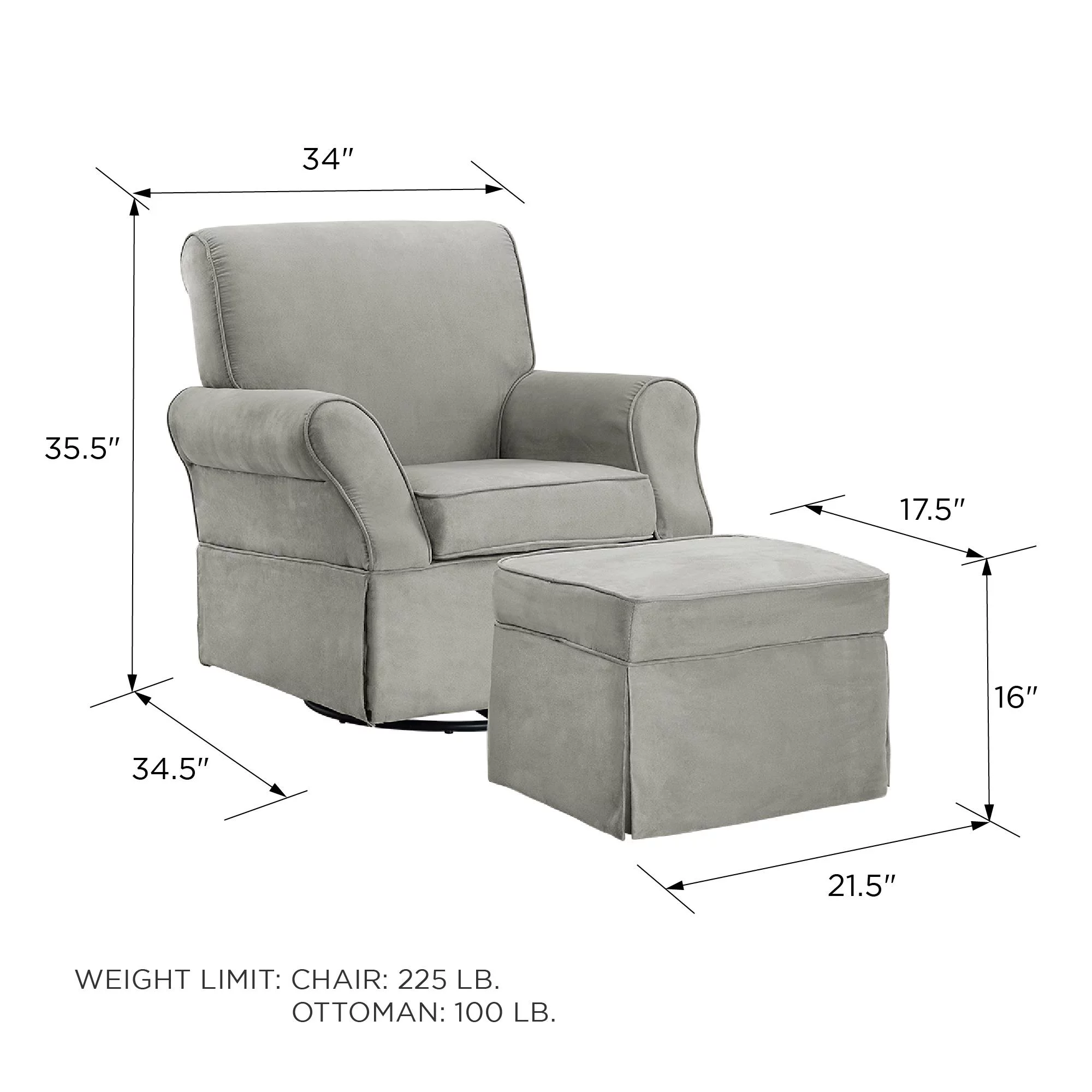 Baby Relax Kelcie Swivel Glider Chair & Ottoman Nursery Set, Gray Microfiber