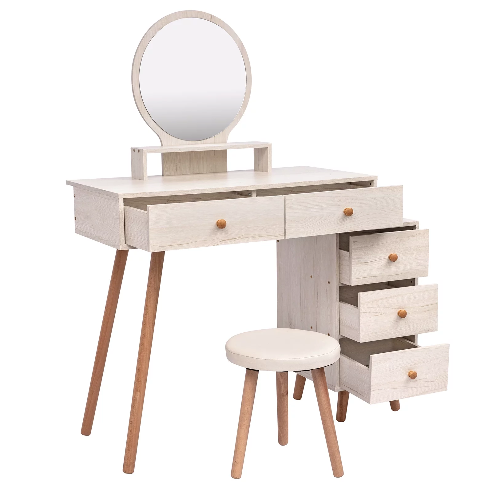 Ufurpie Makeup Vanity Table with Cushioned Stool,Large Capacity Storage Cabinet,5 Drawers,Large Round Mirror,Fasionable Makeup Furniture for Bedroom
