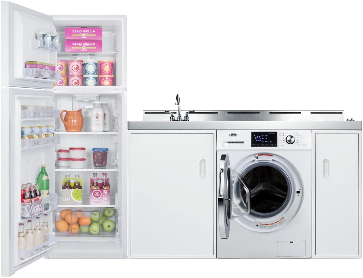 Summit Appliance ACKSPWD82 83" Wide All-In-One Kitchenette with Washer/Dryer Combo; a Full-sized Refrigerator-freezer, 2-Burner Cooktop, Non-vented 115V Washer/dryer Combo, and Sink