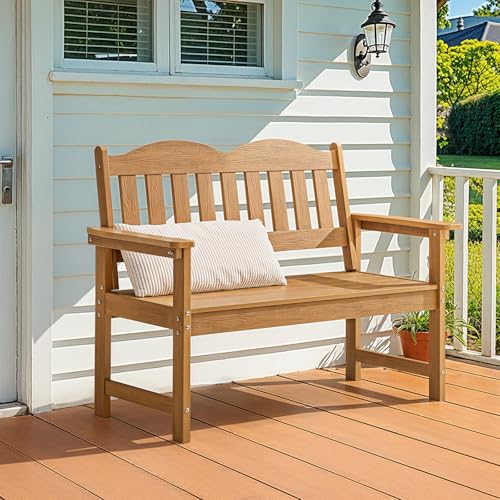Outdoor Bench, 2-Person Poly Lumber Garden Bench with 800 lbs Weight Capacity, All-Weather Patio Bench with Armrests and Backrest for Garden, Porch, Backyard and Park, Blue