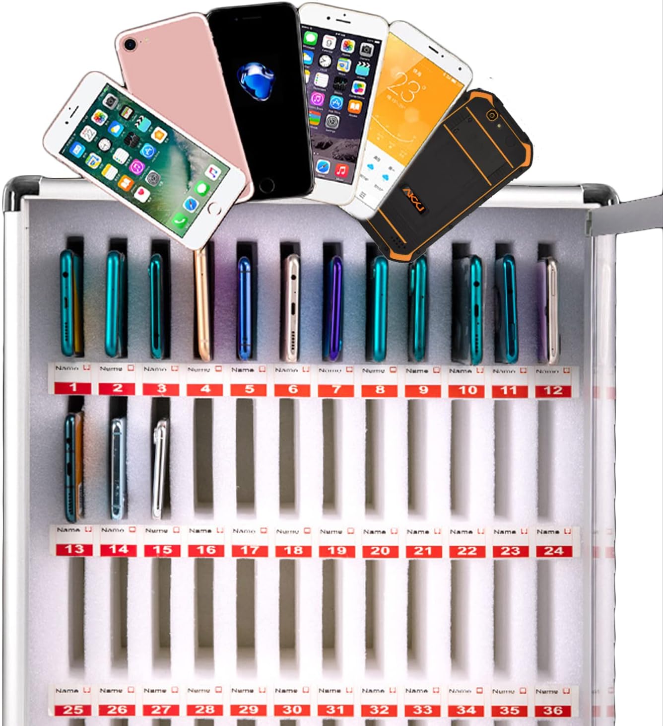 AIWFL Cell Phones Storage Cabinet 60 Slots Aluminum Alloy Cell Phones Holder Storage Box Mobile Phones Desktop Organizer Wall-Mounted Pocket Chart Storage Locker Box with a Lock for Classroom Office