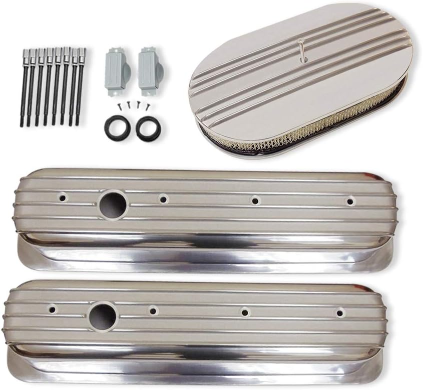 DEMOTOR PERFORMANCE For Chevy 350 Retro Half/Partial Finned Vortec & TBI Valve Covers 15" Air Cleaner Dress Up Kit