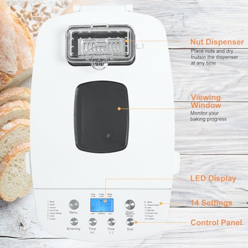 Patioer Bread Maker Machine, 3 LB Automatic Breadmaker with Gluten Free Setting, Dual Paddle, Digital Programmable, 3 Crust Colors, 3 Loaf Sizes