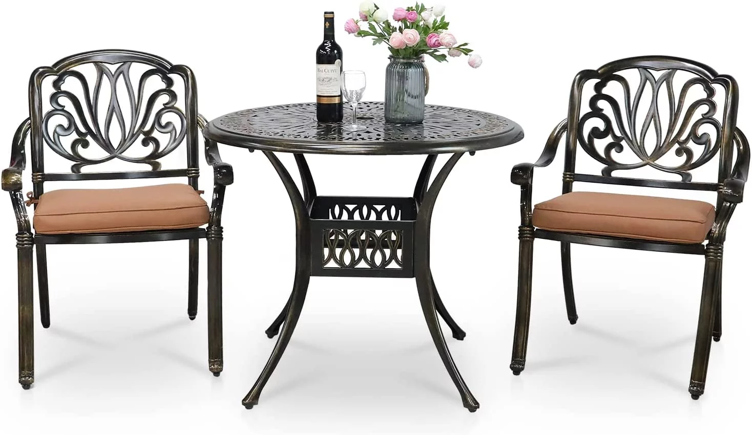 VIVIJASON 3-Piece Patio Bistro Sets, All-Weather Cast Aluminum Bistro Table Set Outdoor Patio Furniture, Include 2 Cushioned Chairs and 35.4" Round Table, 2" Umbrella Hole - Curated Treasures Market
