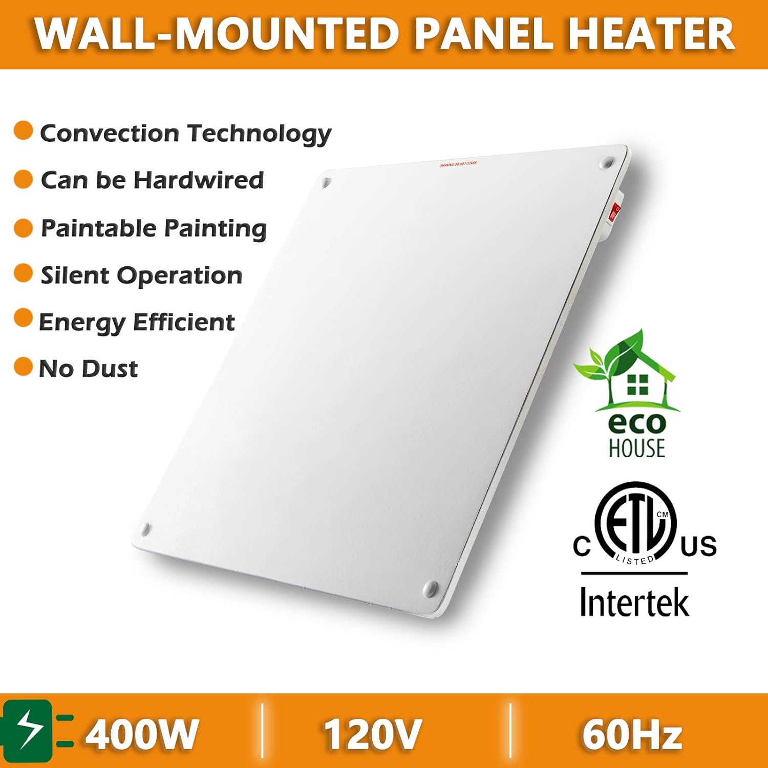 Wall Mount Space Heater Panel, 400W Convection Heater Standing Ceramic Wall Heater Silent Fanless Operation,120V Electric Wall Heater for Living Room Bathroom, Overheat Protection