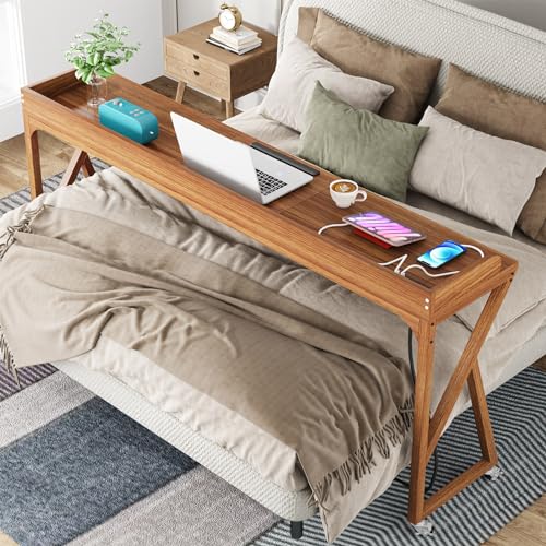 Tribesigns Overbed Table, 70.9" Queen Size Bed Table Over Bed Desk with Adjustable Tilt Board, Mobile Laptop Cart Computer Desk with 2 AC Outlets & 2 USB Ports on Wheels for Home/Hospital