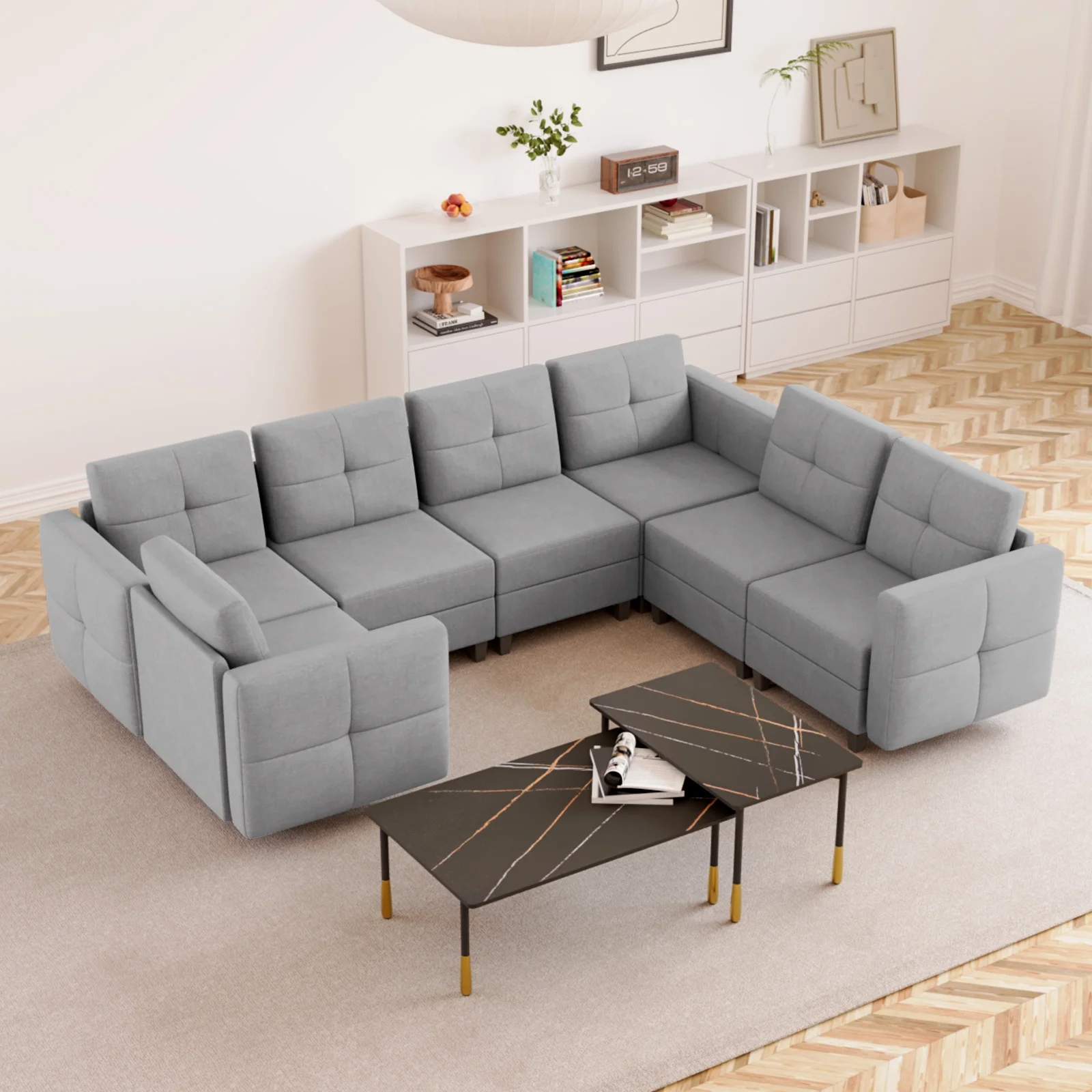35"H Modular Sectional Sofa Couch with Storage for Living Room, Sectional with Eversible Ottomans, Apartment Sleeper Sofa Bed, Gray