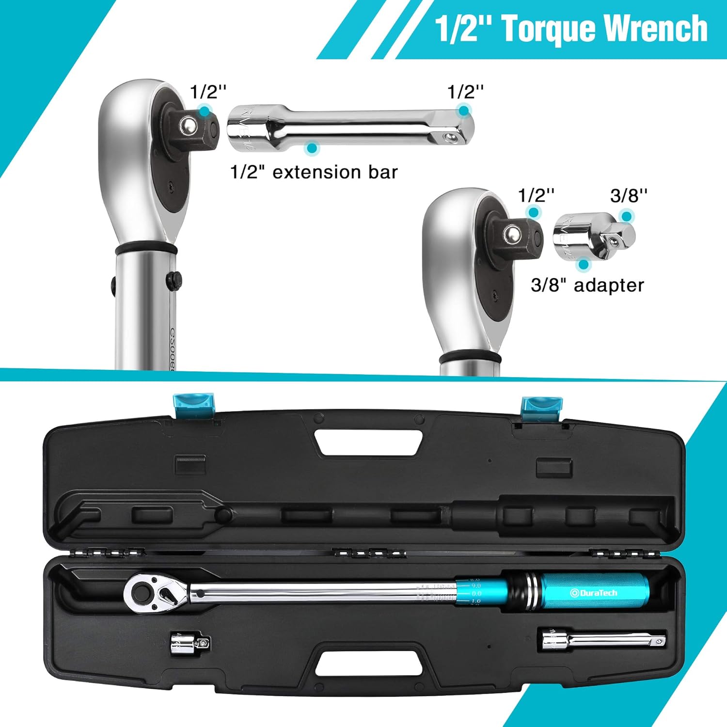 DURATECH 1/2-Inch Drive Click Torque Wrench, 30-160 Ft-lb, with Socket Adapter, Extensions Bar, Storage Case Included