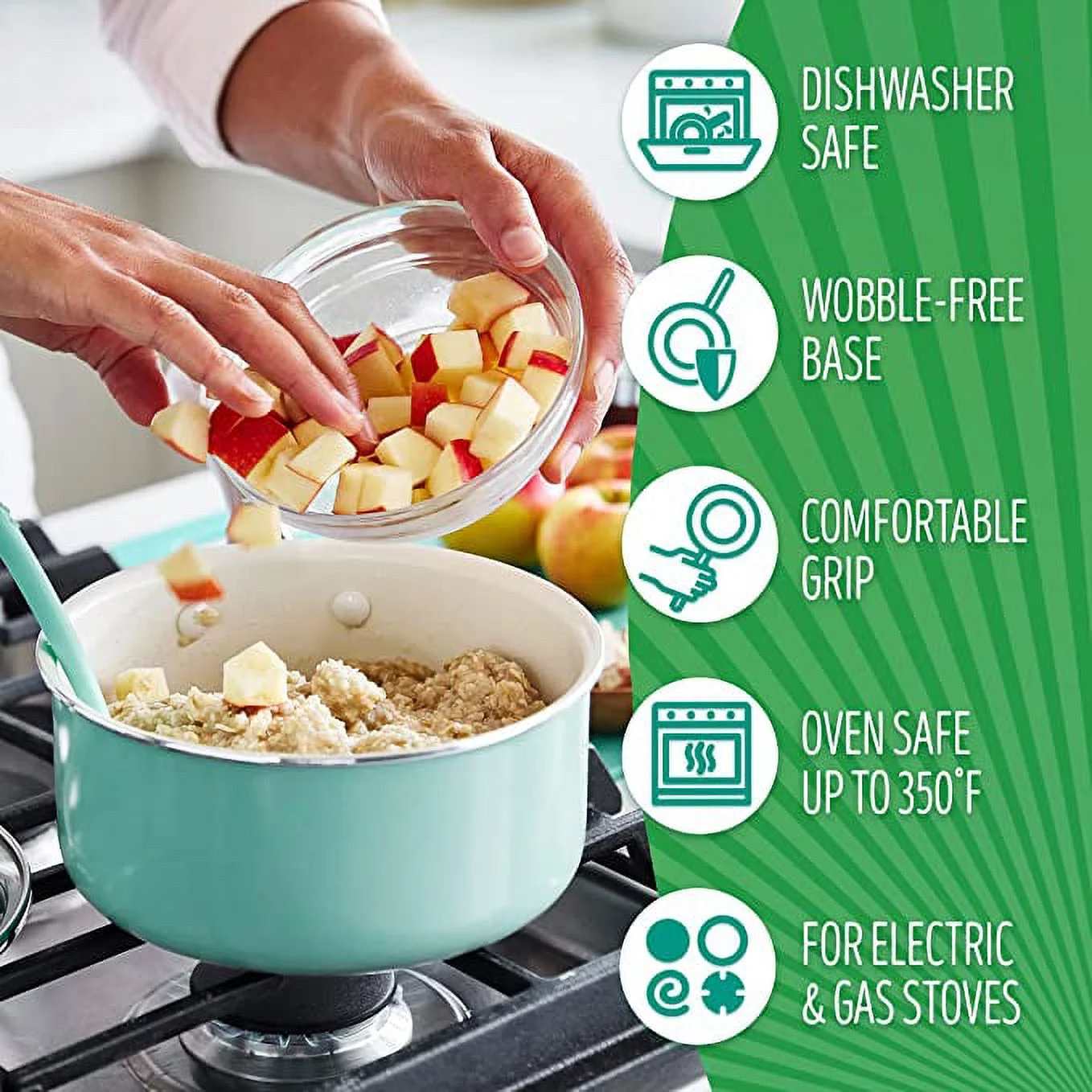 GreenLife Artisan Healthy Cooking Non-Stick Ceramic Dishwasher and Oven Safe 12-Piece Pots and Pans Cookware Set, Turquoise