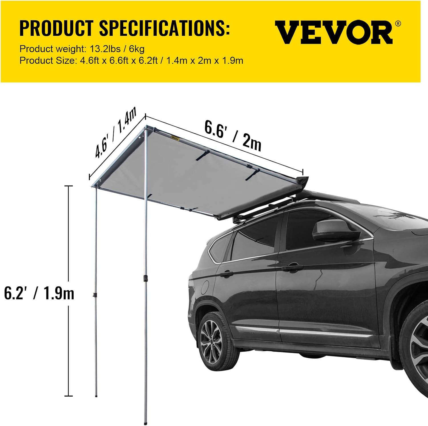 VEVOR Car Side Awning, 4.6'x6.6', Pull-Out Retractable Vehicle Awning Waterproof UV50+, Telescoping Poles Trailer Sunshade Rooftop Tent w/ Carry Bag for Jeep/SUV/Truck/Van Outdoor Camping Travel, Grey