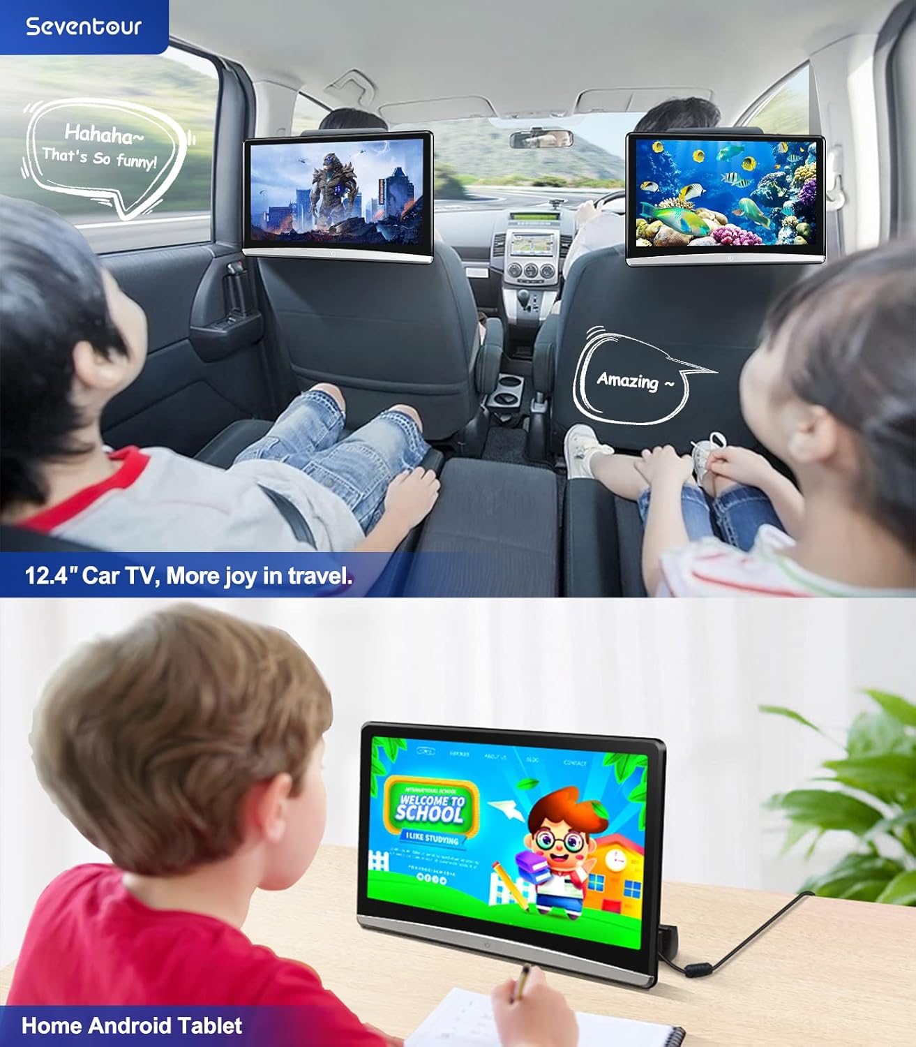 12.4"Android 4K Portable TV for Cars，Car Headrest Monitor Tablet for back seat, Support Phone Wireless Mirror Link Touch Screen,with WiFi/Bluetooth/HDMI/USB/Airplay Video Player 2G ram+16G rom (2*pcs)