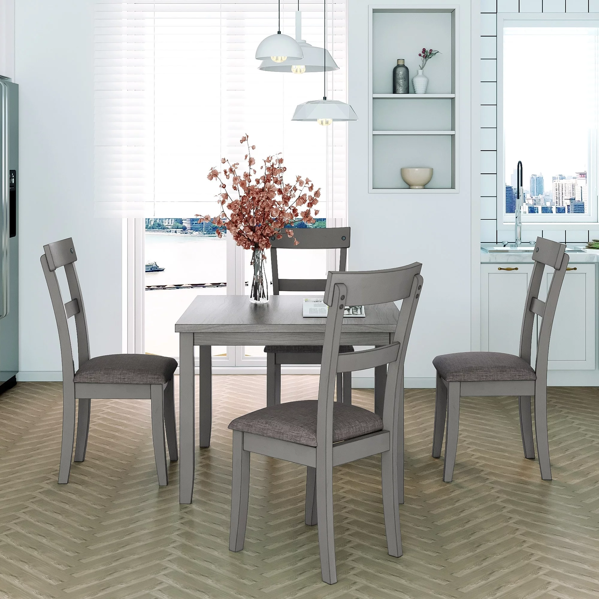 5 Piece Kitchen Table Set Farmhouse Dining Sets, Wooden Dining Table & 4 Upholstered Chairs for Small Space Dining Room, Gray