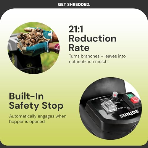 Sun Joe Wood Chipper Shredder, 15-Amp Corded Electric Yard Waste Shredding Machine with Collection Bag, 1.7 Inch Cutting Diameter, Black, CJ603E