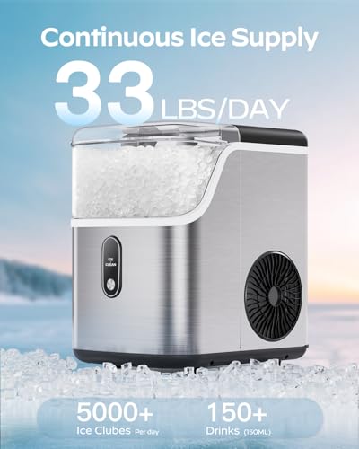 Nugget Ice Maker Countertop, HOMEZAY Pebble Ice Maker with Soft Chewable Pellet Ice, 33 lbs per Day, Compact Ice Machine with Self-Cleaning & LED Indicator for Home, Kitchen, Camping, RV, Office