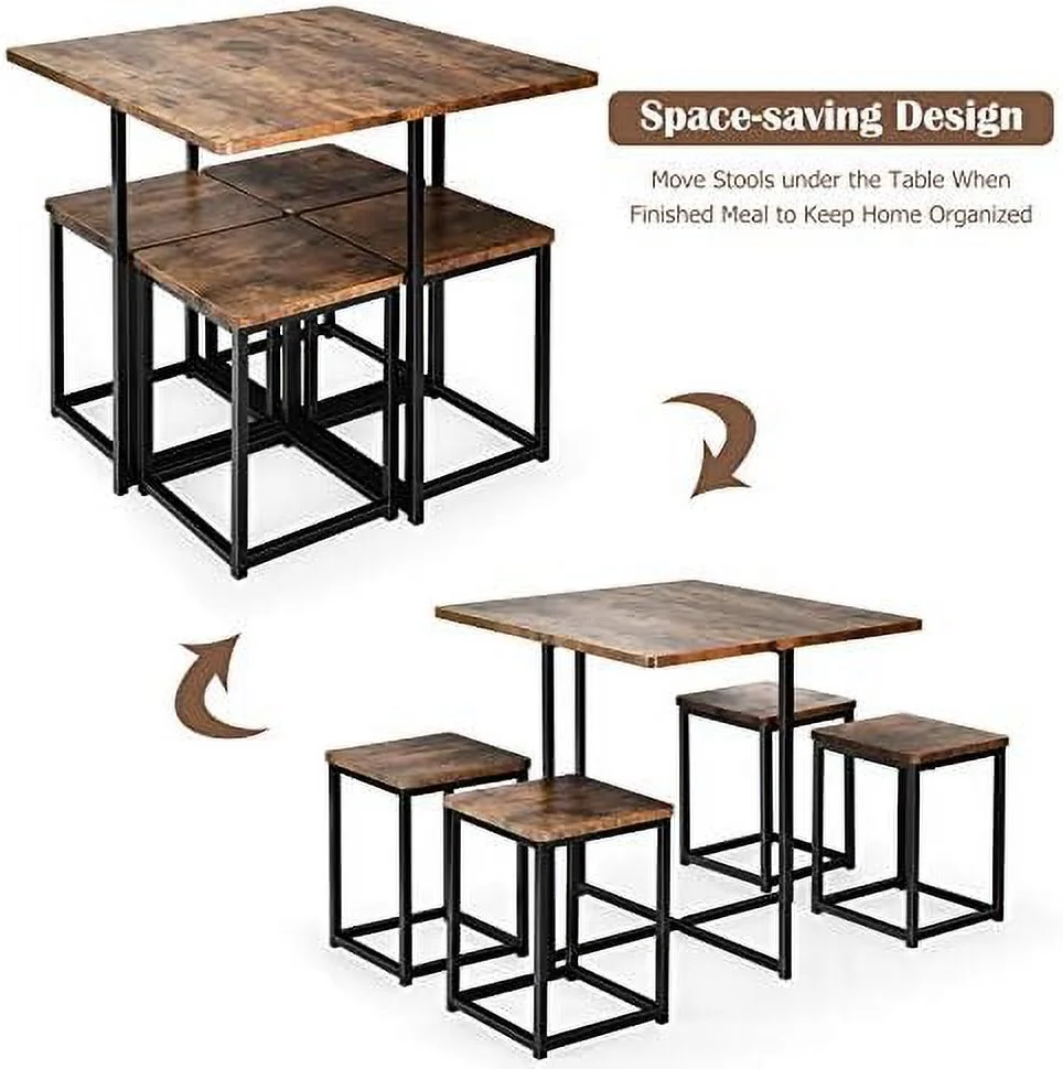 xrboomlife 5 Piece Dining Table Set  Dining Set for 4 with Square Stools  Small Kitchen Table Set with Metal Frame  Compact Design for Small Space  Home Kitchen  Pub Apartment