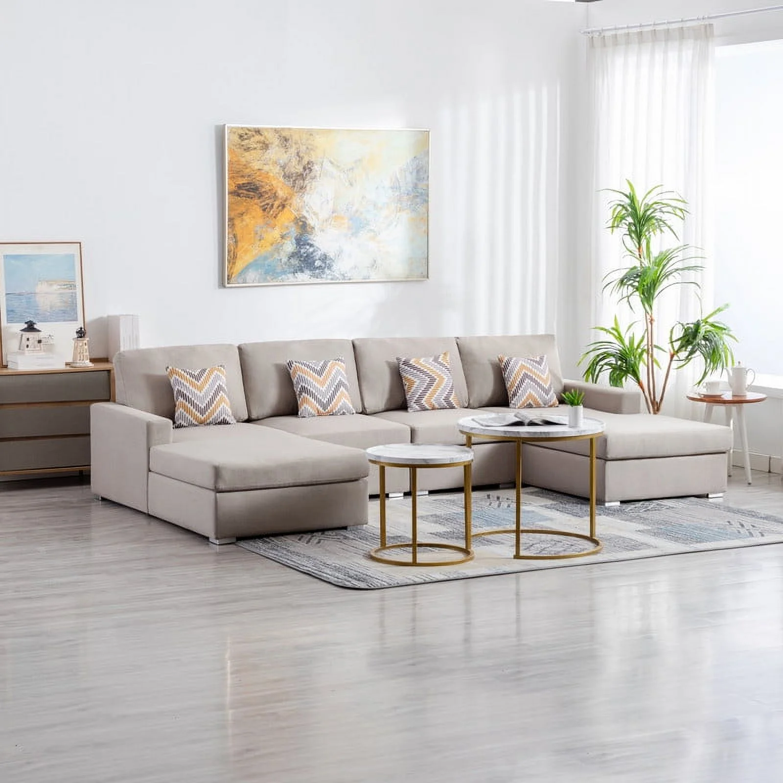 Lilola Home Nolan Linen Fabric 4Pc Double Chaise Sectional Sofa with Pillows and Interchangeable Legs-Color:Beige