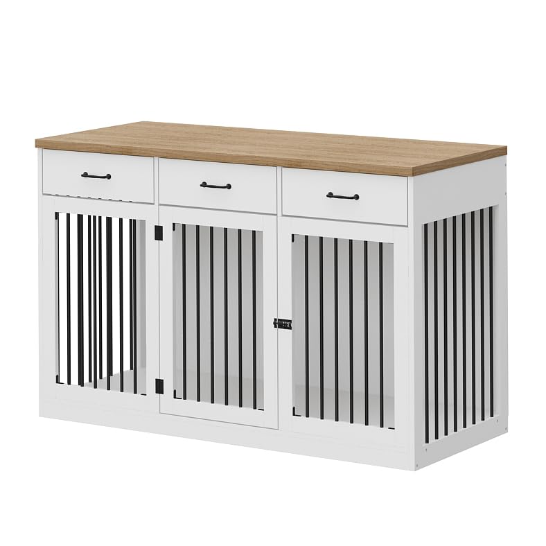 Extra Large Dog Crate Furniture with 3 Drawers, Indoor Heavy Duty Dog Kennel House, 55.3" Furniture Style Dog Crate Side End Table TV Stand for XL Large Medium Breed Dogs, White