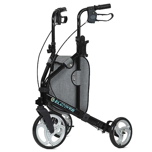 ELENKER 3 Wheel Walkers for Seniors, 3 Wheeled Rollator with 10” Wheels, Narrow Walkers for Small Spaces, Compact Folding, Ideal for Traveling, Blue