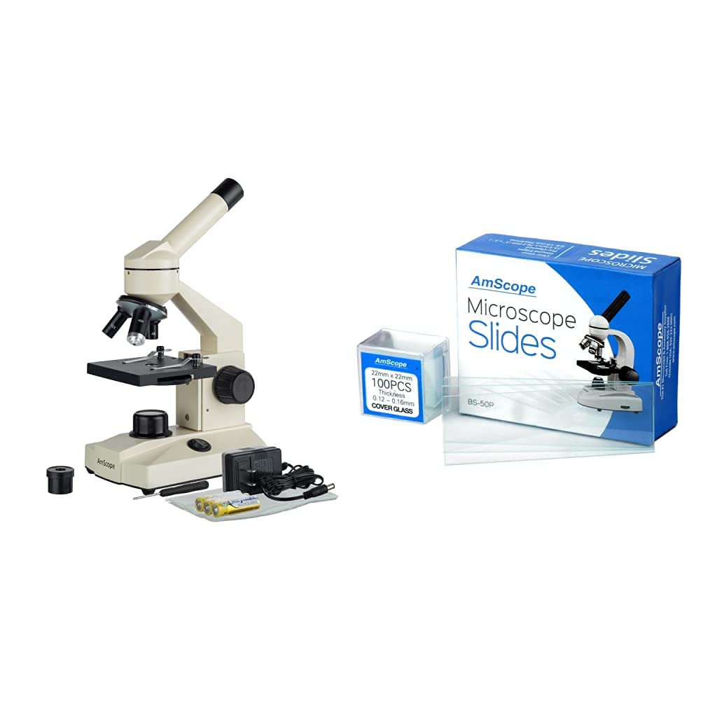AmScope Optical Glass Lens All-Metal LED Compound Microscope, 6 Settings 40x-1000x, Portable AC or Battery Power