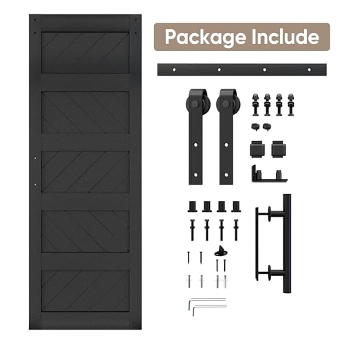 JUBEST 36" x 84" Barn Door, Slding Barn Door Kit Wave Shape Barn Door Panel with Hardware Kit Include, Easy Installation, Solid Wood, MDF & PVC Covered, Black