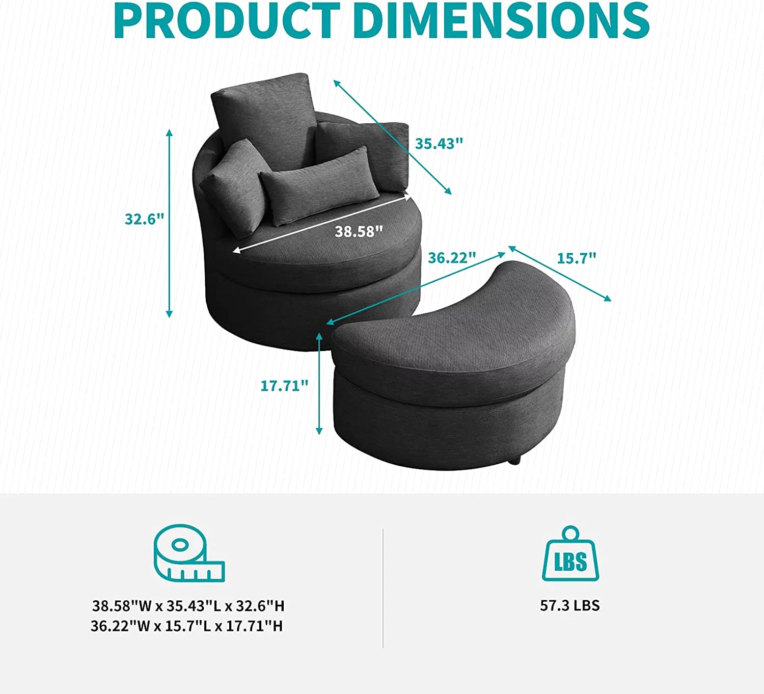 BALUS Modern Swivel Accent Barrel Sofa Chair, with Half Moon Storage Ottoman, Linen Fabric Leisure Round Chair,Sofa Lounge Chair with 3 Throw Pillow for Living Room Hotel/Club (Dark Grey)