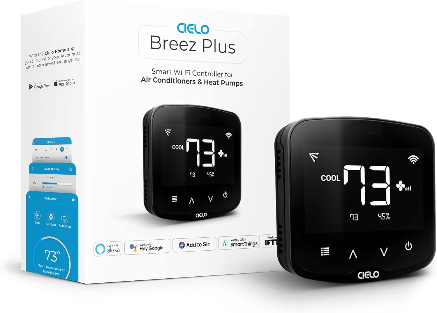 Breez Plus | Smart Air Conditioner Controller | WiFi Thermostat for Mini-Split, Window, Portable ACS | Alexa, Google, Siri Shortcuts, SmartThings, IFTTT | Free App | Inbuilt Temp/Humidity Sensors