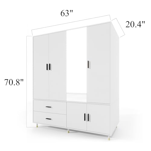 Armoire Wardrobe Closet: Wood Bedroom Armoire Dresser Clothes Storage Cabinet with 4 Doors 2 Hanging Rods 2 Drawers Mirror Organization 63" W x 20.4" D x 70.8 "H White