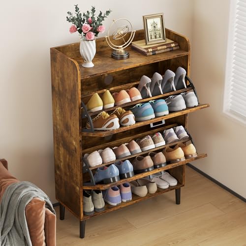 HOMEFORT Shoe Storage Cabinet for Entryway, Slim Shoe Organizer with Two Flip Drawers, Narrow Shoe Rack Cabinet with Wood Legs, Farmhouse Hidden Shoe Cabinet for Front Door Entrance,Rustic Brown
