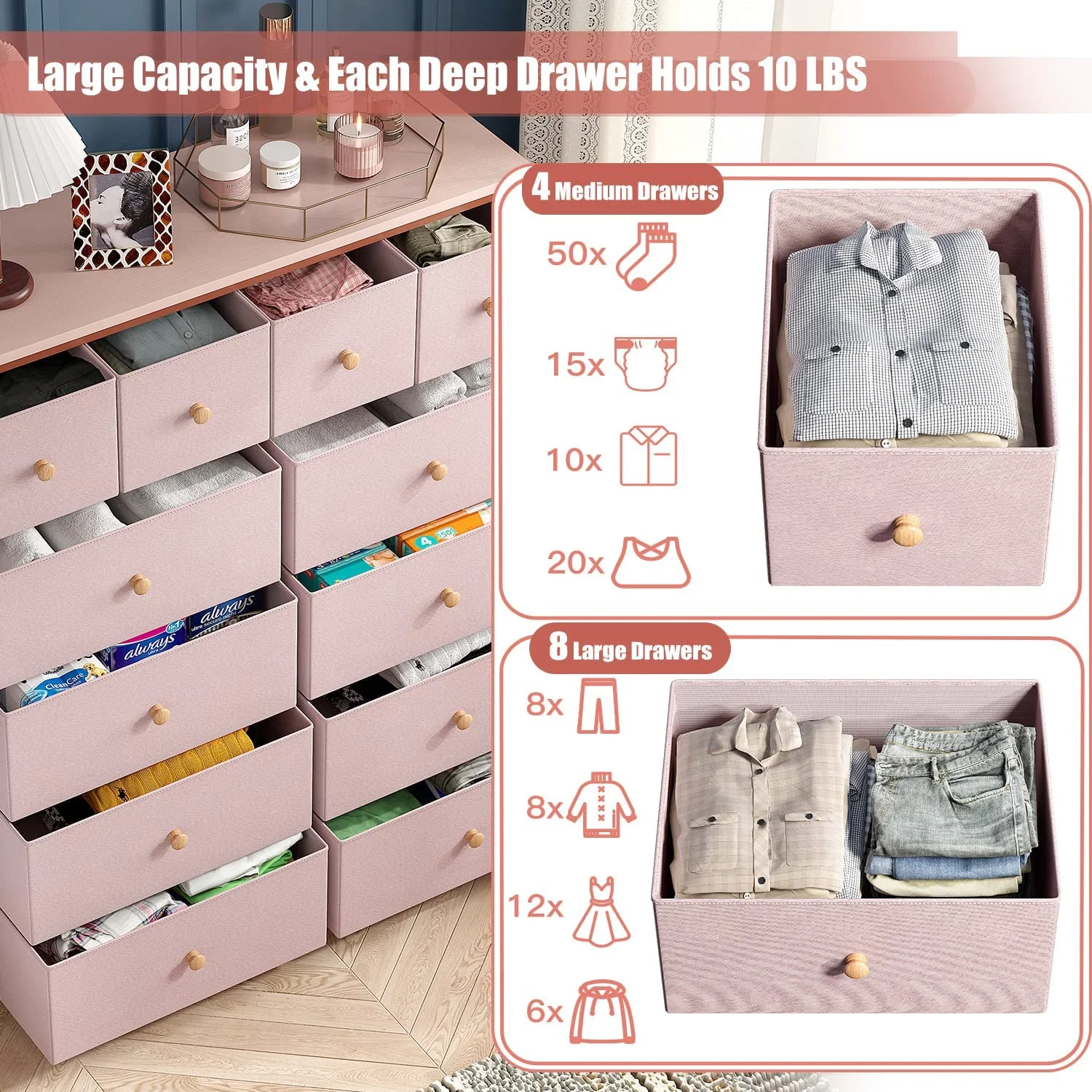 Pink Dresser for Girls Bedroom with 12 Drawers Girls Dressers for Bedroom Pink Chest of Drawers with Wood Top, Metal Frame, Tall Dressers for Bedroom, Closet, Nursery, Living Room Pink