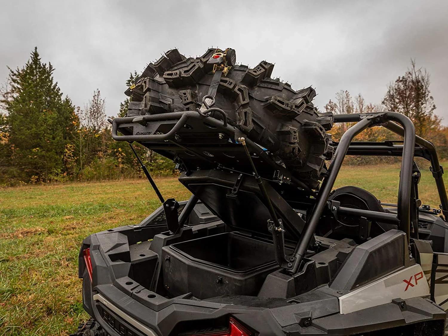 SuperATV Cargo Rack Alpha for 2014+ Polaris RZR XP 1000/XP 4 1000|2016+ RZR XP Turbo/XP 4 Turbo|Doubles as a Cargo Rack and Spare Tire Carrier|Fits up to a 35" Tire|Capacity 75 Lbs.|CBS-P-RZR1K-00