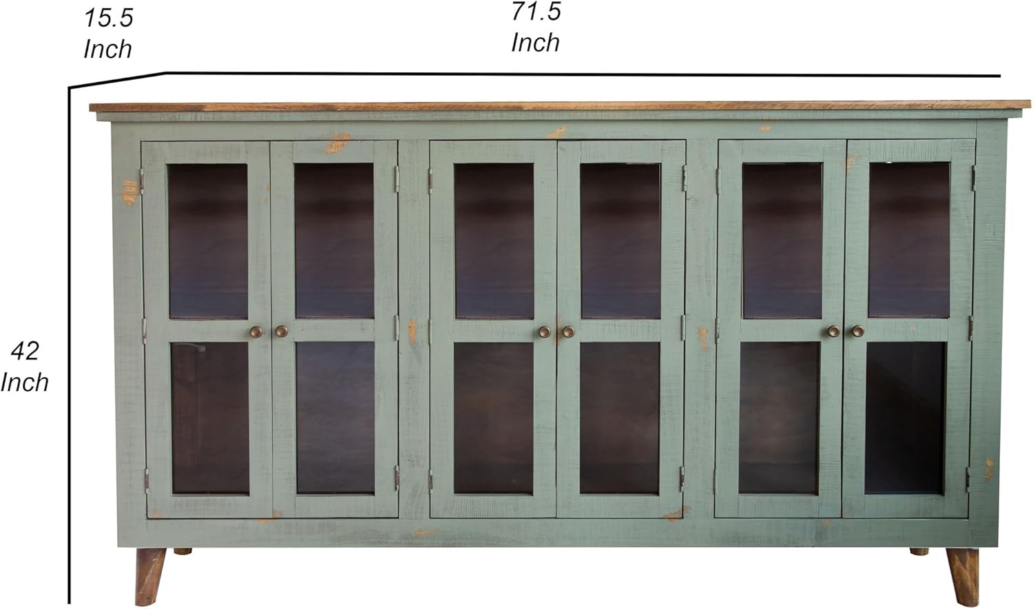 Benjara Lina 72 Inch Sideboard Buffet Cabinet, 3 Glass Doors, Sage Green, Pine