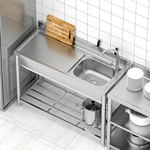 Free Standing Stainless-Steel Single Bowl Commercial Restaurant Kitchen Sink Set w/Faucet, Prep & Utility Washing Hand Basin w/Storage Shelve, laundry tub for Indoor Outdoor (22in)