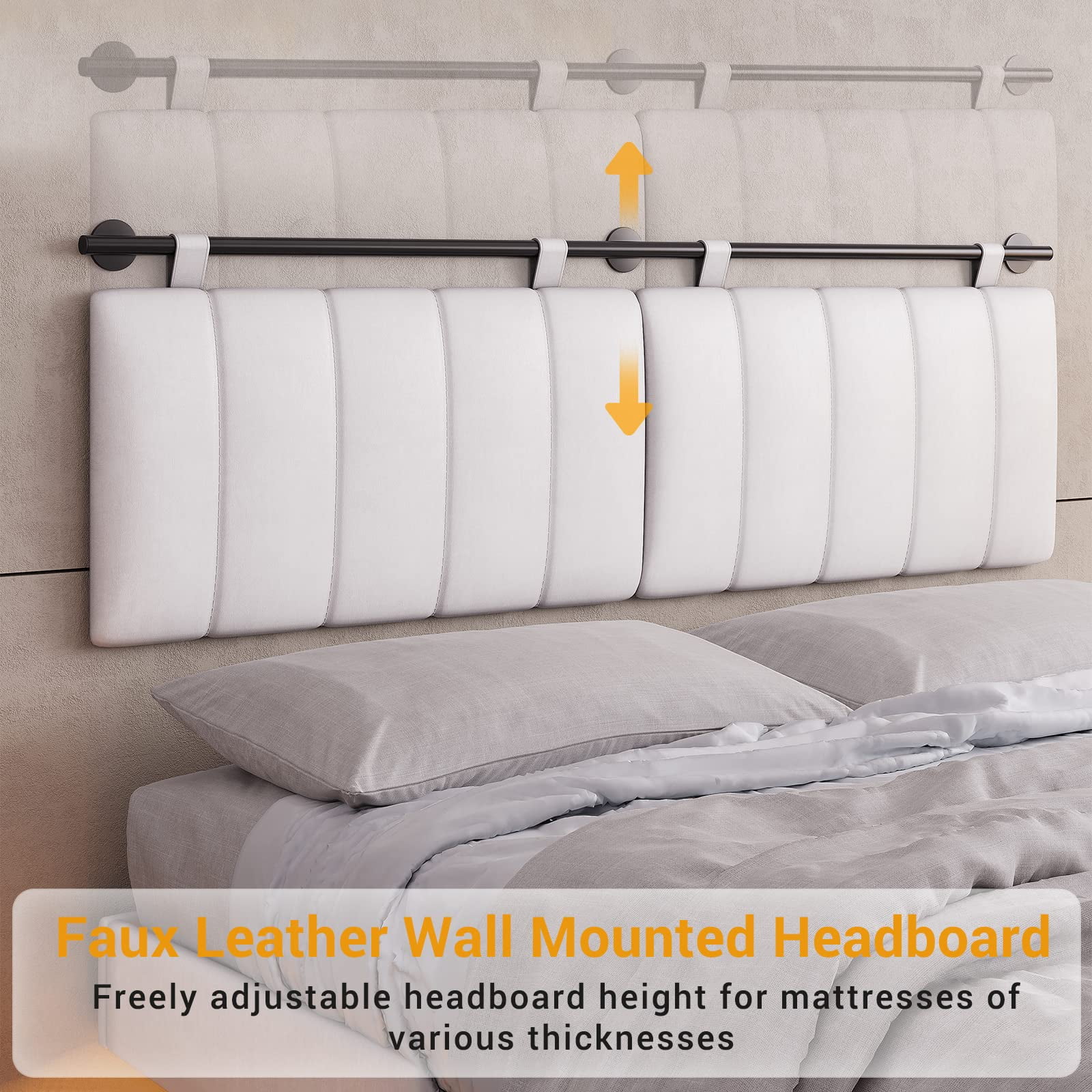 Afuhokles LED Floating Queen Bed Frame with Wall Mounted Headboard and Led Lights, Platform Bed Frame with Upholstered Headboard, Faux Leather Fabric, No Box Spring Needed, White