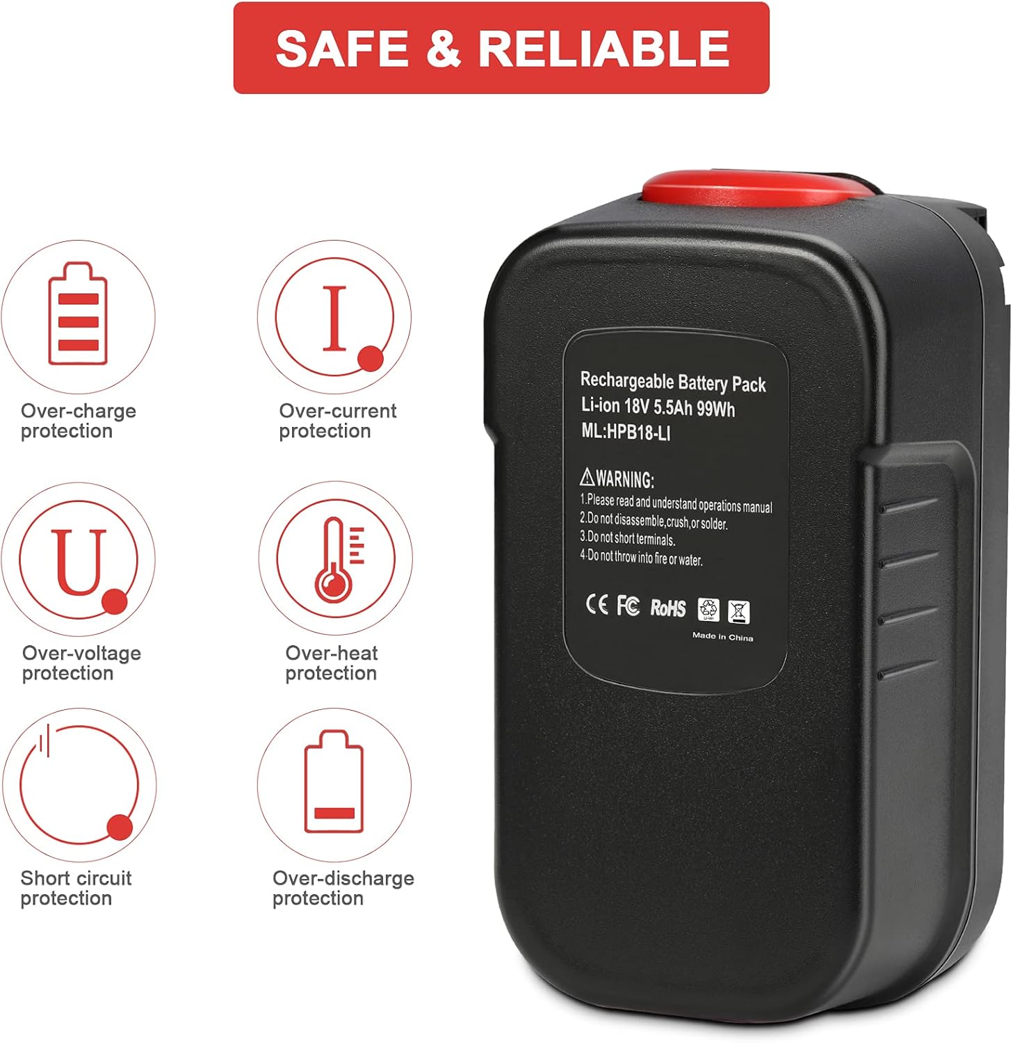 KUNLUN 5.5Ah HPB18 Lithium-Ion Battery Replacement for Black and Decker 18V Battery HPB18-OPE 244760-00 A1718 FS18FL FSB18 Firestorm Cordless Power Tools Pack of 2