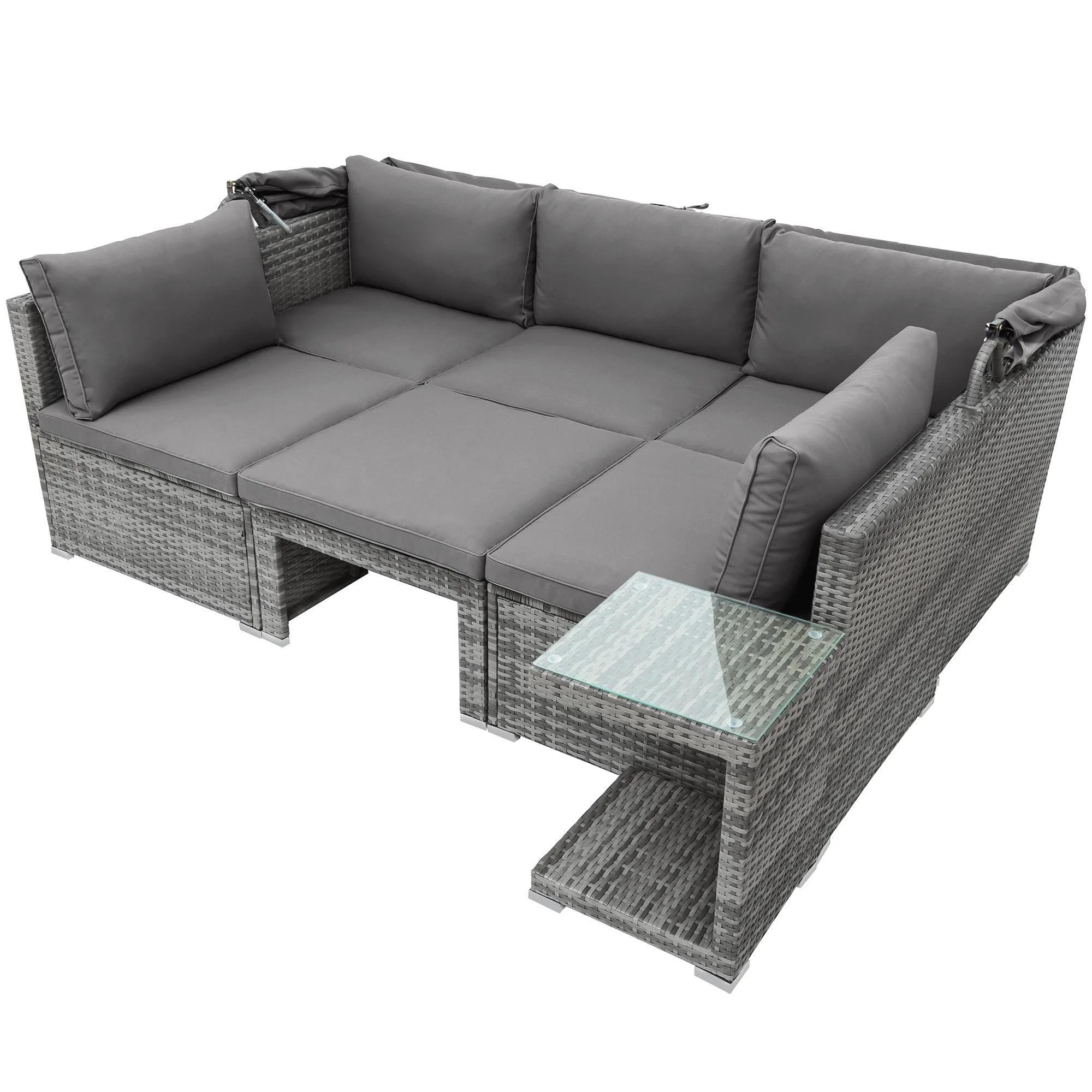 Seizeen 5 Pieces Patio Outdoor Daybed, Rattan Sectional Conversation Sofa Set with Retractable Canopy, Patio Sectional Bed with Side Table, Outdoor Sunbed with Cushions and Pillows
