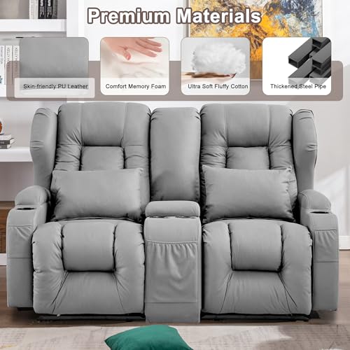 Loveseat Recliner Sofa, Manual Reclining Home Theater Seating with Console, RV Double Recliner with Cup Holders and Side Pocket for Living Room, Beige