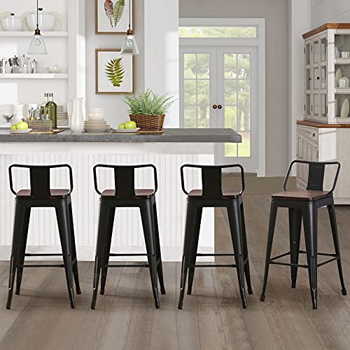 Andeworld Bar Stools Set of 4 Counter Height Stools Industrial Metal Distressed Barstools with Low Back Wooden Seats (30 Inch, Distressed White)