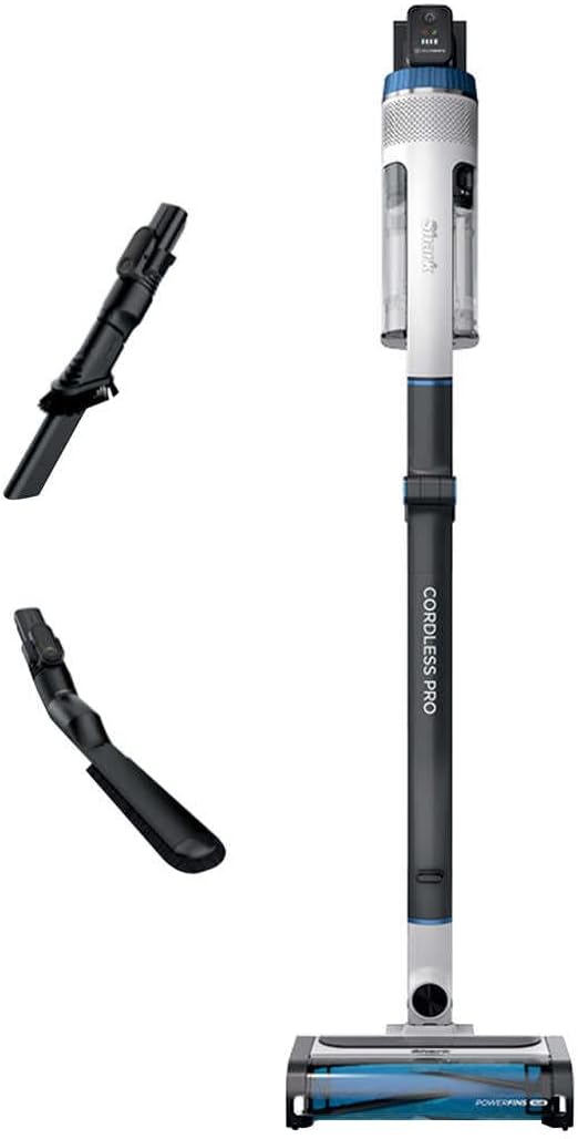 SHARK UZ565H Pro Cordless Vacuum with Clean Sense IQ & MultiFLEX Technology, PowerFins Plus Brushroll, Includes Duster Crevice Tool & Anti-Allergen Dusting Brush, Up to 40 Minute Runtime, White/Blue