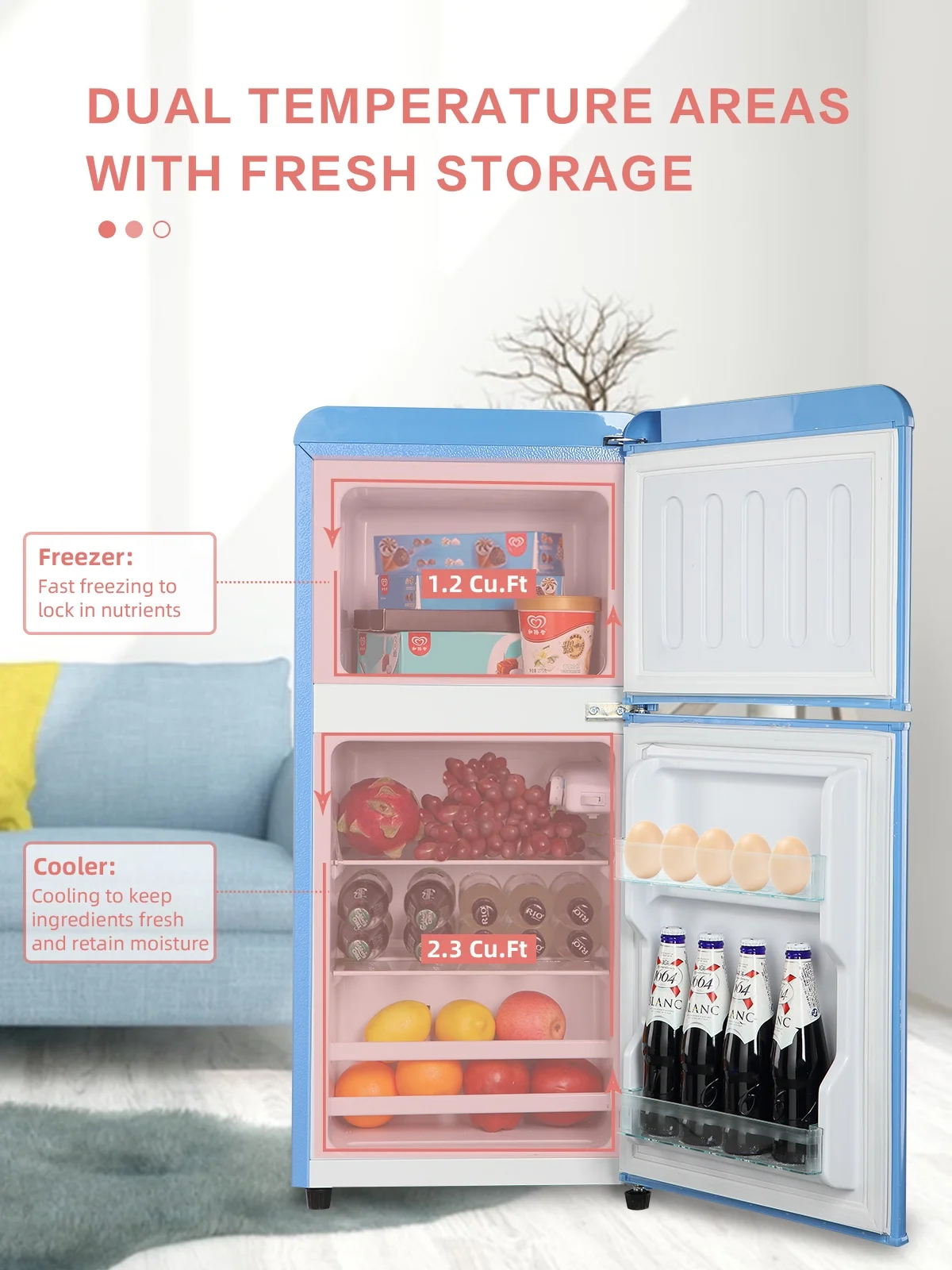 Krib B Compact Refrigerator 3.5 Cu.ft, Mini Fridge with Freezer, Retro Fridge with Dual Door, 7 Grade Temperature Adjustment, Blue