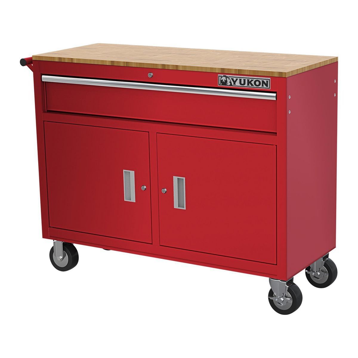 YUKON 46 in. Mobile Workbench with Solid Wood Top, Red