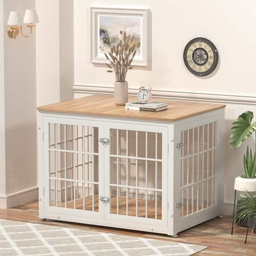 48 Inch Heavy Duty Dog Crate Furniture for Large Dogs, Decorative Pet House End Table, Extra Large Wooden Cage Kennel Furniture Indoor, Natural and White