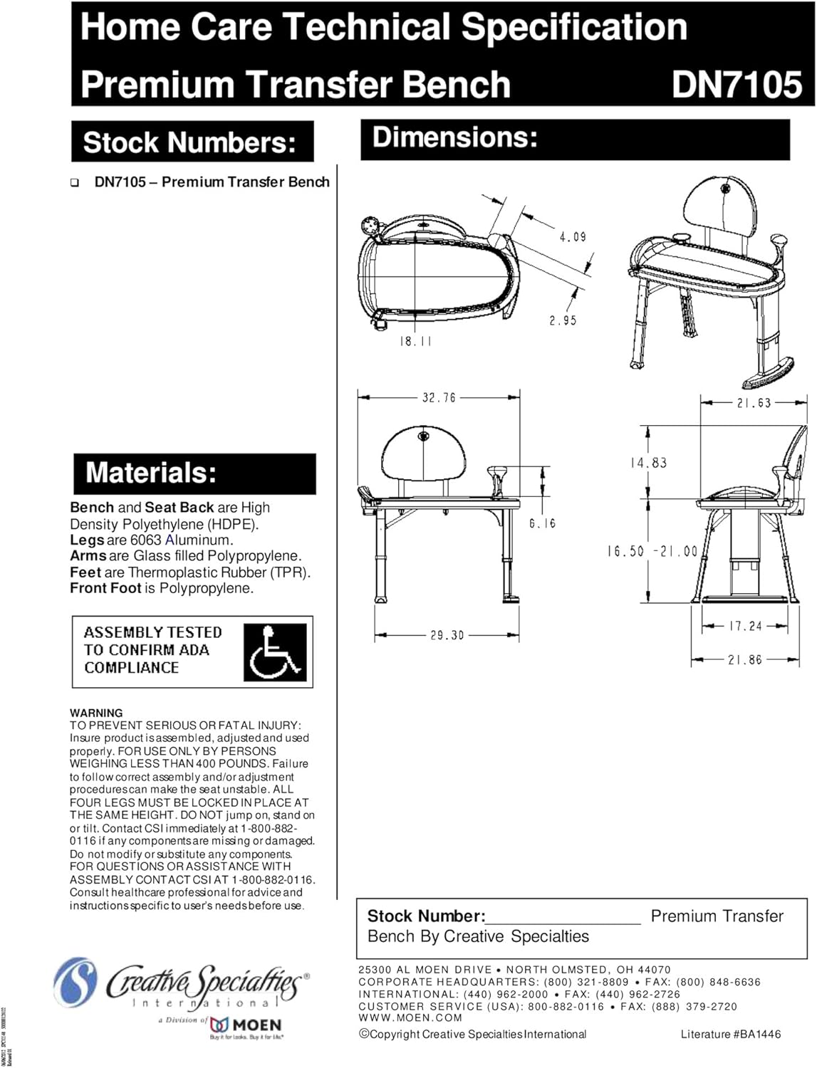 Moen DN7105 Home Care 33-Inch W x 18-Inch D Adjustable Height Non Slip Bath Safety Transfer Bench, Glacier White