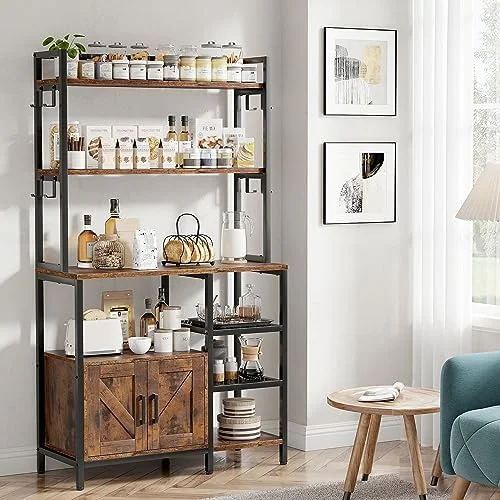 HBBOOMLIFE 6-Tier Bakers Rack  Microwave Stand with Shelves  Kitchen Coffee  Table  Heavy Duty  Shelves with Cabinet  Wide Bakers Rack for Kitchen  Kitchenid Mixer  Air Fryer  Oak