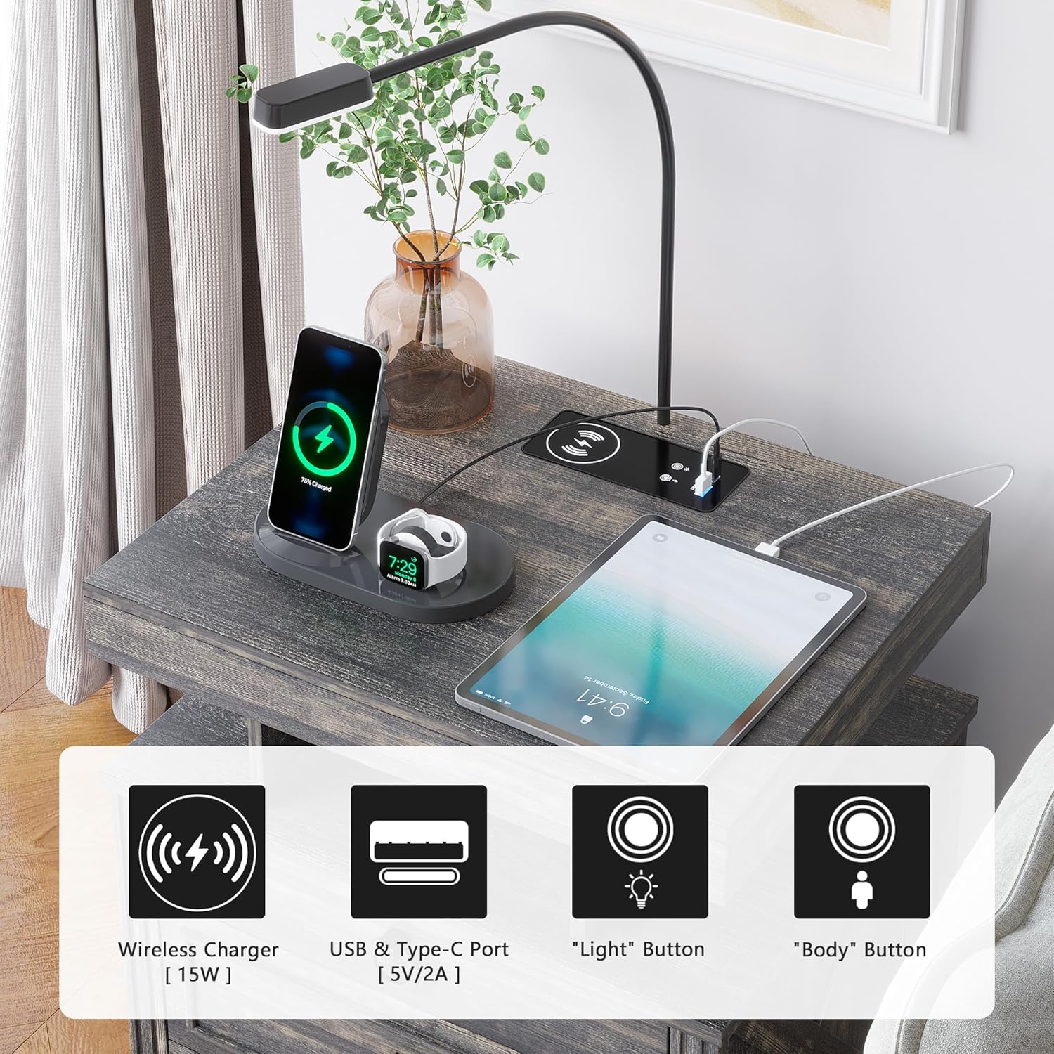 HNEBC Nightstand Side Table with Gun Case,Night Stand with Wireless Charging Station, Farmhouse Bedside Table with 2 Drawers, End Table with Bedside Lamp for Living Room/Bedroom, Rustic Brown